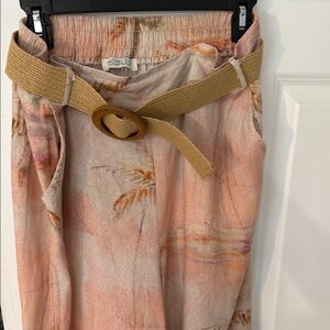 Rachel Zoe Pink Peach Tropical Palm Palazzo Pants with Woven Belt